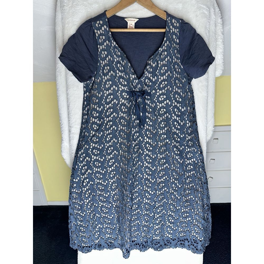 Sundance M Dress Blue Silk Blend‎ Eyelet Cut Short Sleeve V Neck Bow - Picture 3 of 8